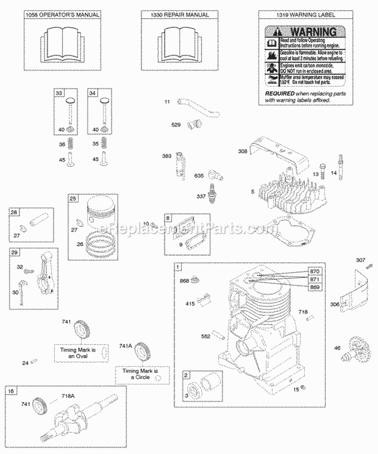 Camshaft Crankshaft Cylinder Cylinder Head OperatorS Manual Warning Label PistonRingsConnecting Rod Diagram and Parts List for 09A413-0202-E2  Briggs and Stratton Engine